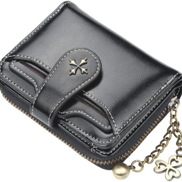 Small Leather Wallet for Women Compact Bifold Goth Vintage Coin Pocket - Picture 1 of 6
